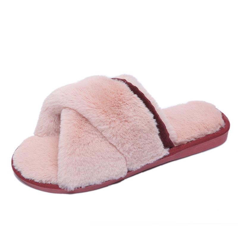 Women Autumn Winter The New Korean Version of The Cross-haired Slippers Indoor Plush Floor Drag Open-toed One-word Slippers