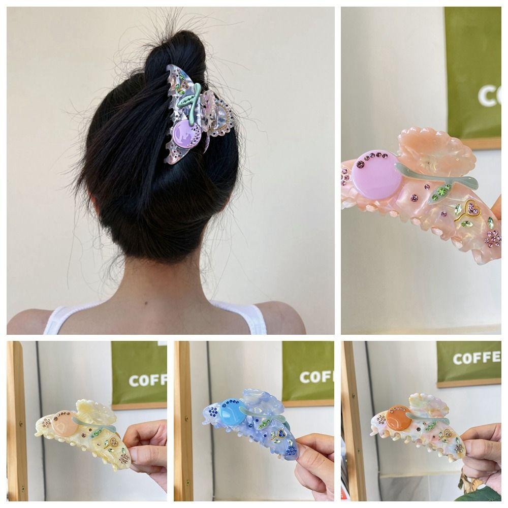 Acetate Flower Hair Claw Cherry Shark Clip Cute Rhinestone Hair Clip Daily