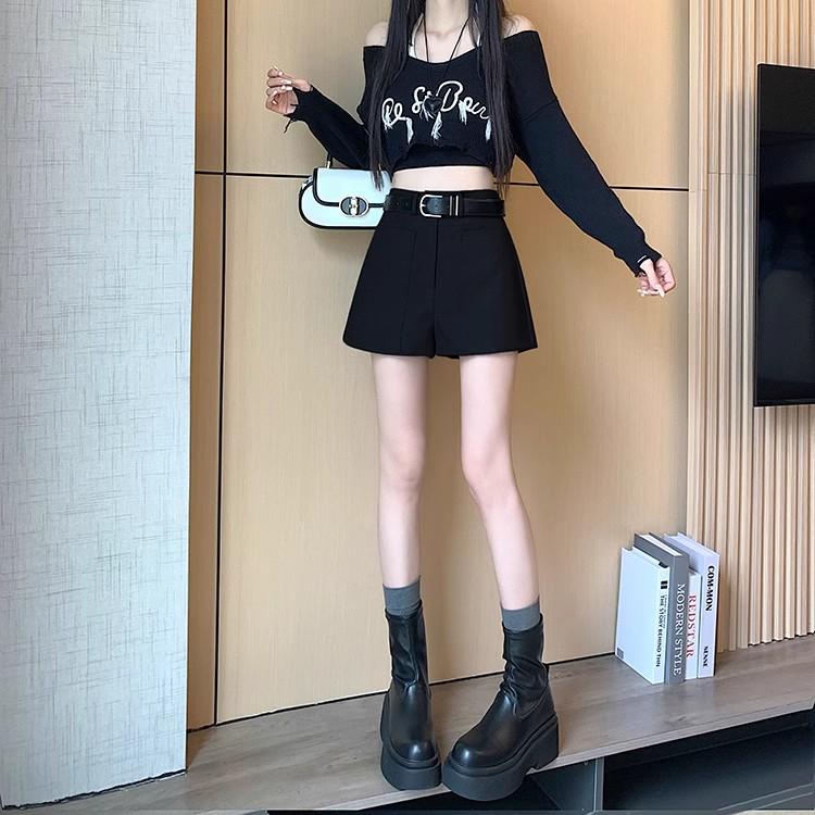 Весенние шорты А-силуэта большого размера с высокой посадкой черного цвета для женщин - Маленький размер, Свободный крой, Широкие штанины, Моделирующие фигуру, Костюмный стиль