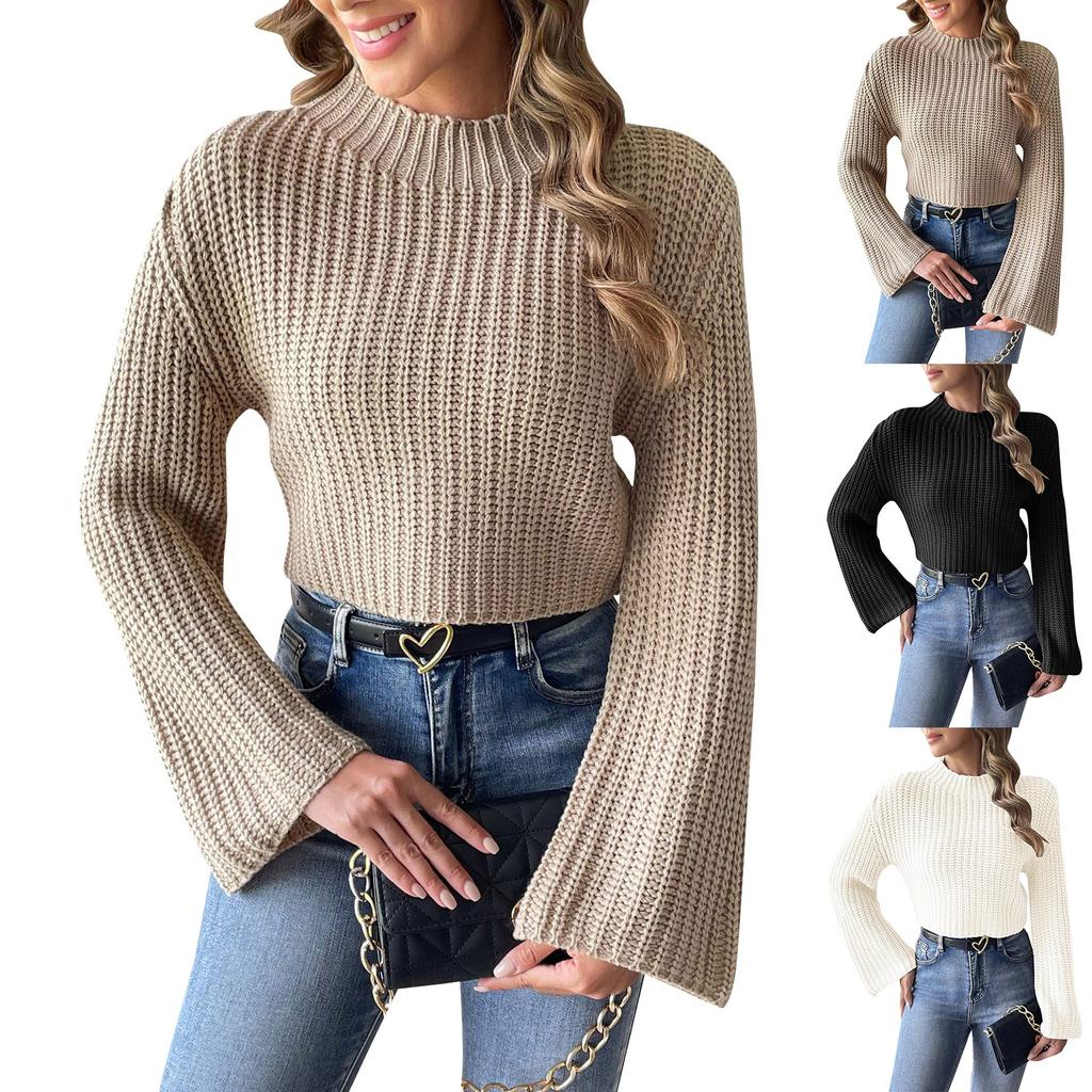 Women's Autumn And Winter Short Knitted Sweater With Flared Sleeves And A Half High Collar Pullover Sweater
