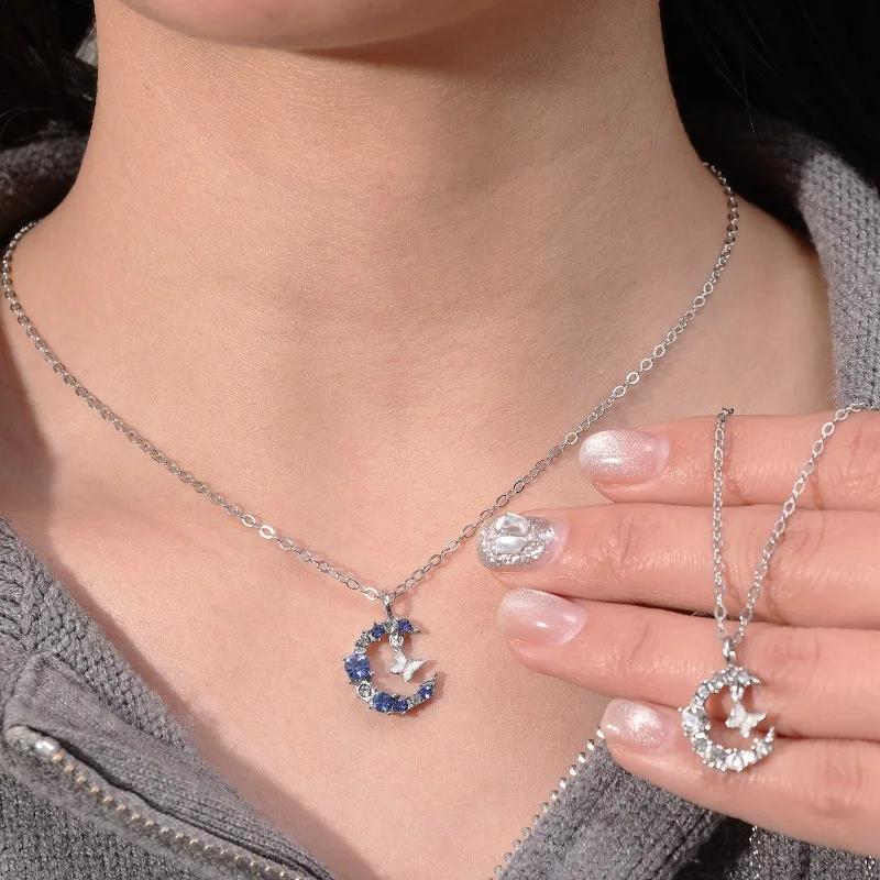 Korean New Butterfly Pendant Necklace for Women Fashion Sweet White Blue Zircon Moon Necklace Choker Chain Wedding Party Jewelry