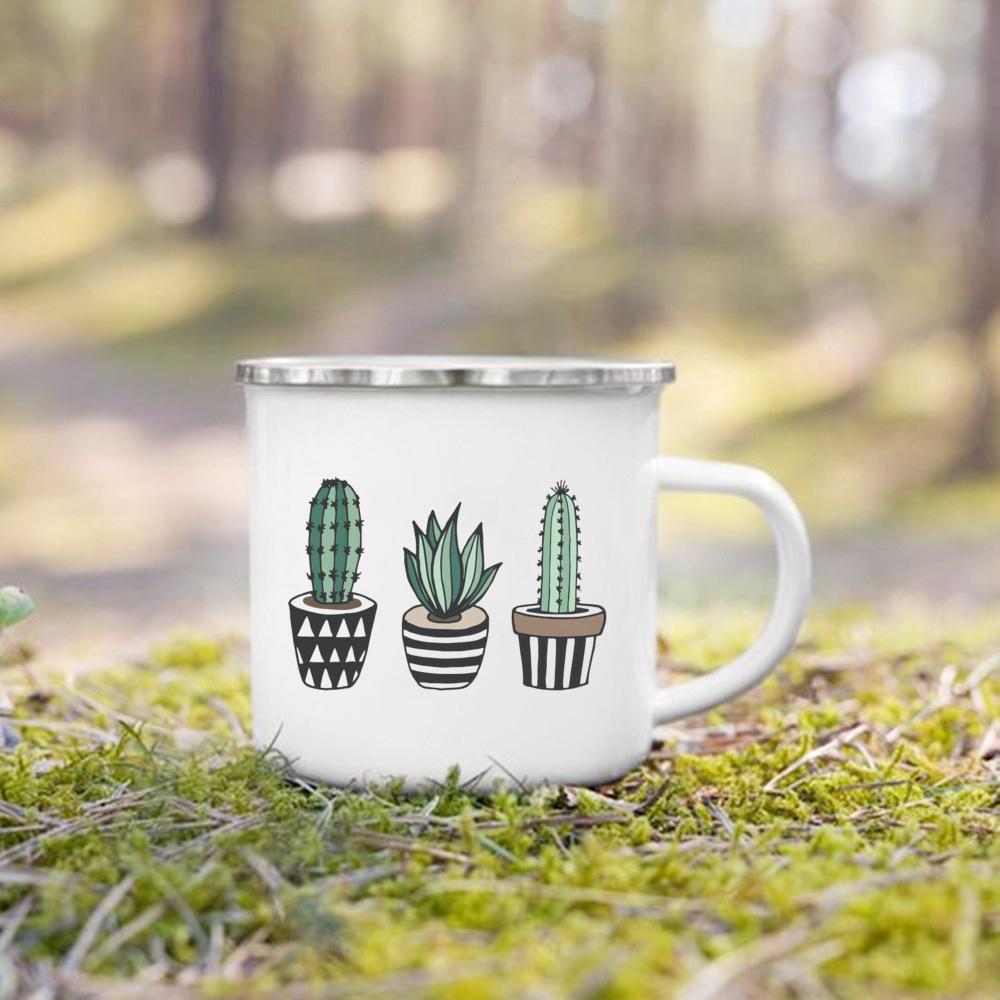 Эмалированная кружка с принтом кактуса, летняя походная кружка для костра, креативные кружки для кофе, воды, молока, ручки, посуда, подарки для кемпера