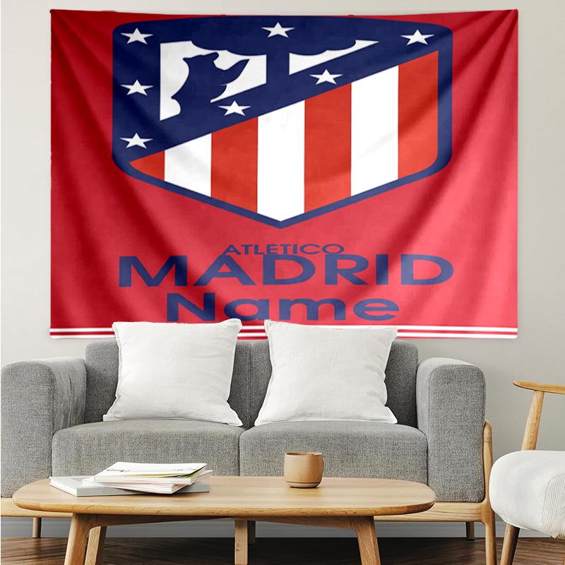 Custom Name Atlético Madrid Print Tapestry, Backdrop, Easy Setup, Ideal for Bedroom, Office & Living Room, with Aesthetic Wall Hanging Decor.