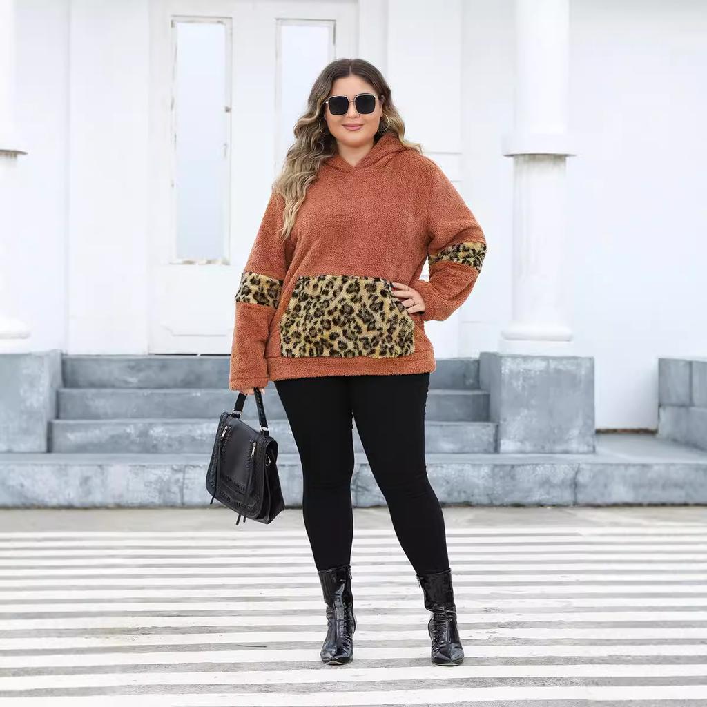 Women's Plus Size Hooded Leopard Print Pocket Patchwork Plush Hoodie