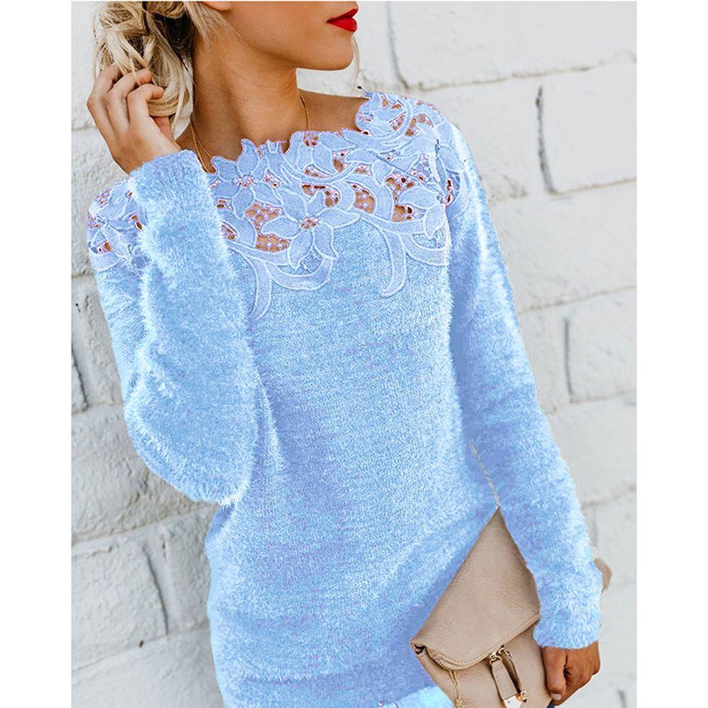 Women Fashion Lace Warm Plus Size Sttiching Tops Plush Pullovers Jumpers Knitted Sweater