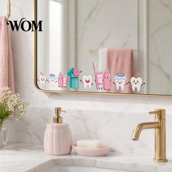 Tooth Wall Stickers Cartoon Teeth Stickers, Waterproof PVC Decals, Self Adhesive Art Kids Brushing Guide Decor Cute Art, Removable Decals for Bathroom