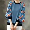Women Casual Round Neck Floral Splice Long Sleeve Pullover Tops