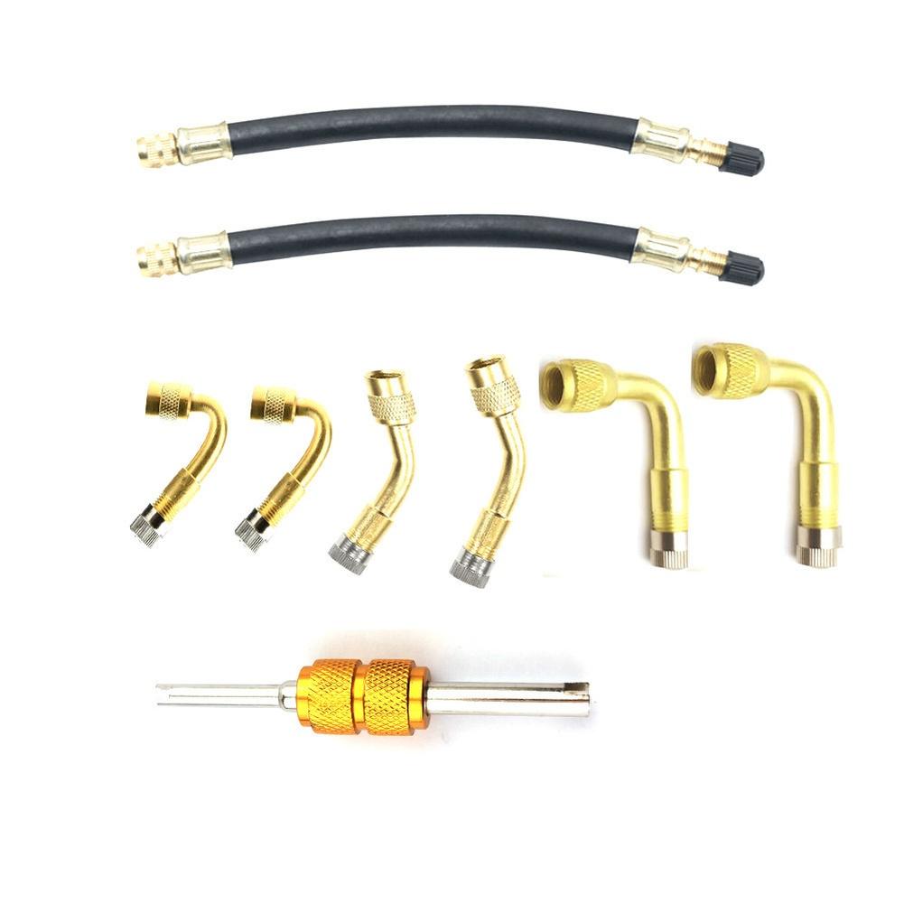 Набор из 9 латунных удлинительных стержней для накачивания шин и металлического переходника для подключения бескамерных вентилей на автомобилях и мотоциклах.