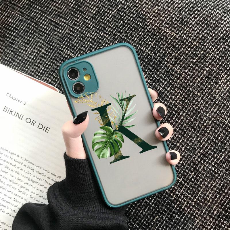 Чехол для телефона с начальной буквой от A до Z Для iPhone 12 13 Mini 11 Pro Max Листья Алфавит Зеленая задняя крышка Для iphone 11 14 promax Чехлы