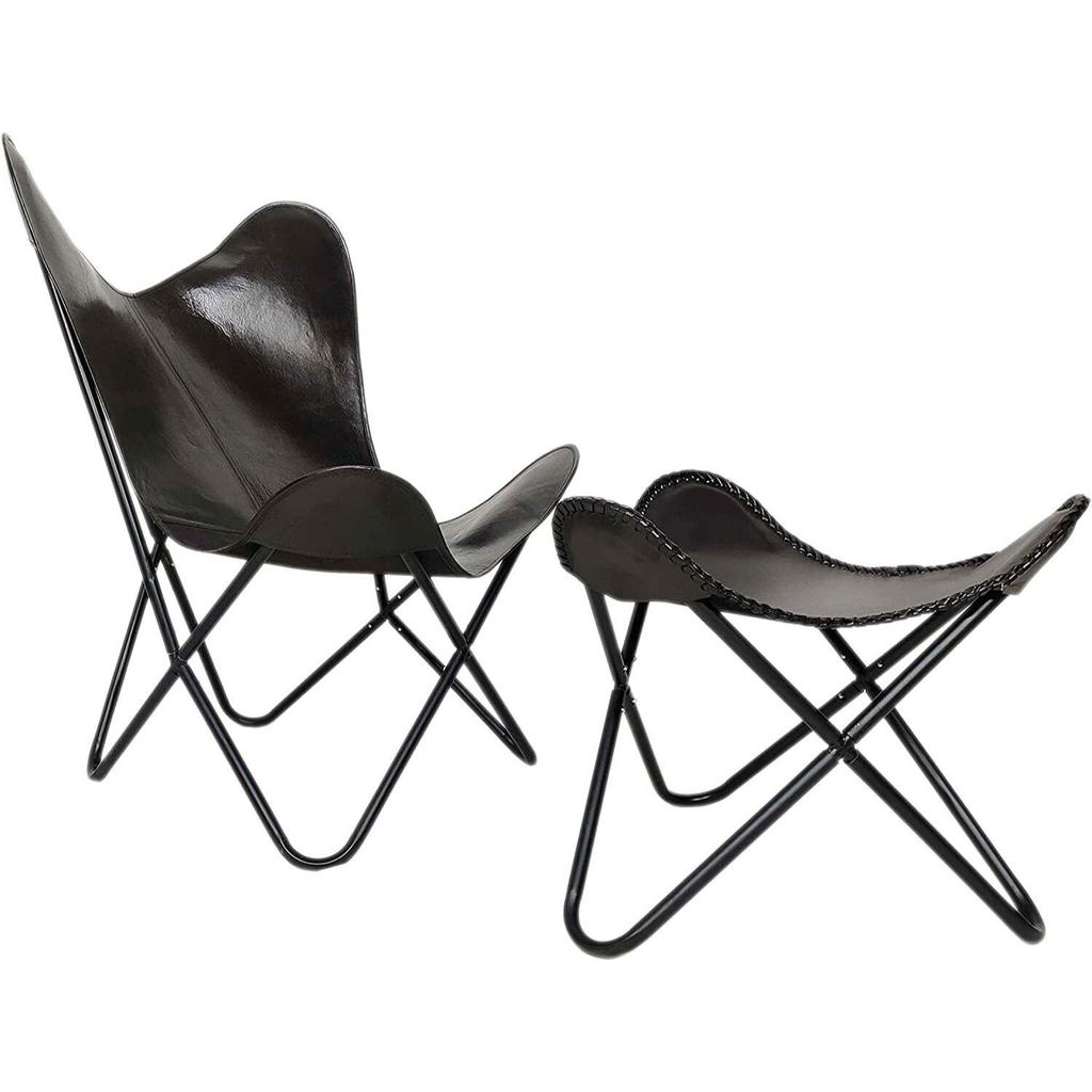 Хандмаде черный кожаный стул-бабочка с подставкой для ног складным креслом для отдыха