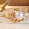 Classic Inlaid Imitation Pearl CZ Women's Ring Vintage Gold Color Hand Carving Flower Daily Wear Party Jewelry Anniversary Gift