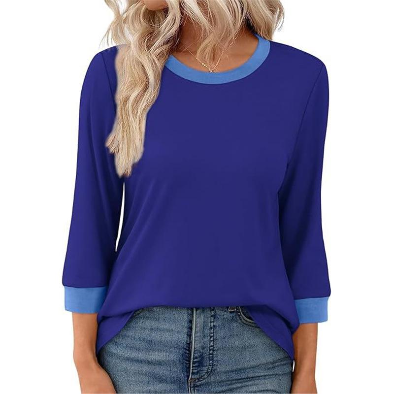 Весна Осень Футболка с круглым вырезом и пэчворком Женская с длинным рукавом Повседневная Модная Всепогодная Базовая Толстовка Футболка Топ