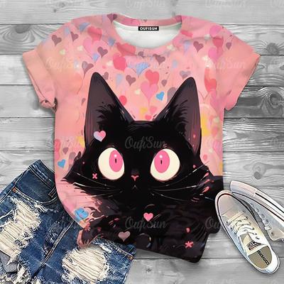 Женские футболки с милым мультяшным котом и принтом, топ, короткий пуловер с рукавами, модная повседневная футболка с круглым вырезом, женская одежда, летняя одежда