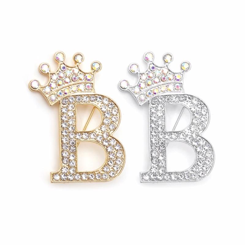 Fashion Crown 26 Initial Letters A To Z Rhinestone Brooches For Women Coat Dress Lapel Collar Pin Jewelry Accessries