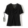 Waffle Stretch Cotton Yarn! Half Cut Out Women's Summer Small V-neck Rhinestone Black Slim Looking T-shirt Age-Reducing Breathable