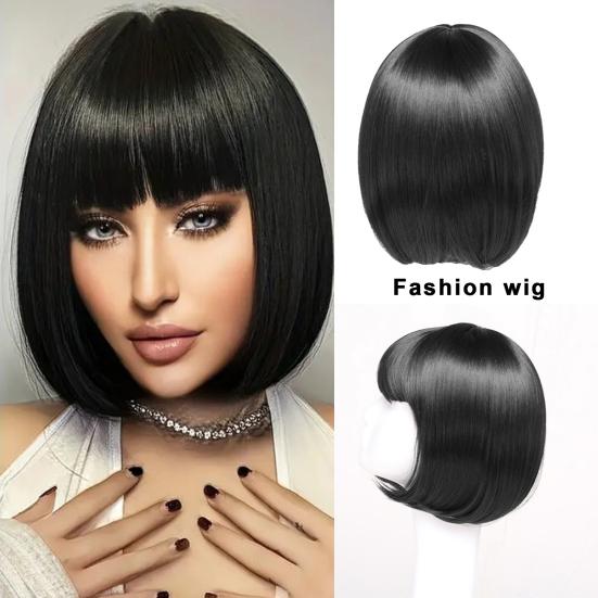 Women Boboo Wigs with Bangs Natural Look High Temperature Silk Short Hairpiece Long-Lasting Wear Fashion Fluffy Black/Brown Wig Headgear Hair Product