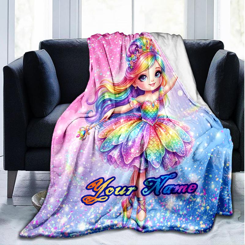 1PC Custom Name Rainbow Fairy Fantasy flannel blanket versatile,all-season throw suitable for the living room,bedroom,camping,travel,and gift