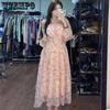 Chiffon Floral Ladies' Dress Square Neck Ruffle Long Skirt Sweet Waist-skimming Thin Age-defying Dress Bubble Sleeve Irregular Chiffon Skirts