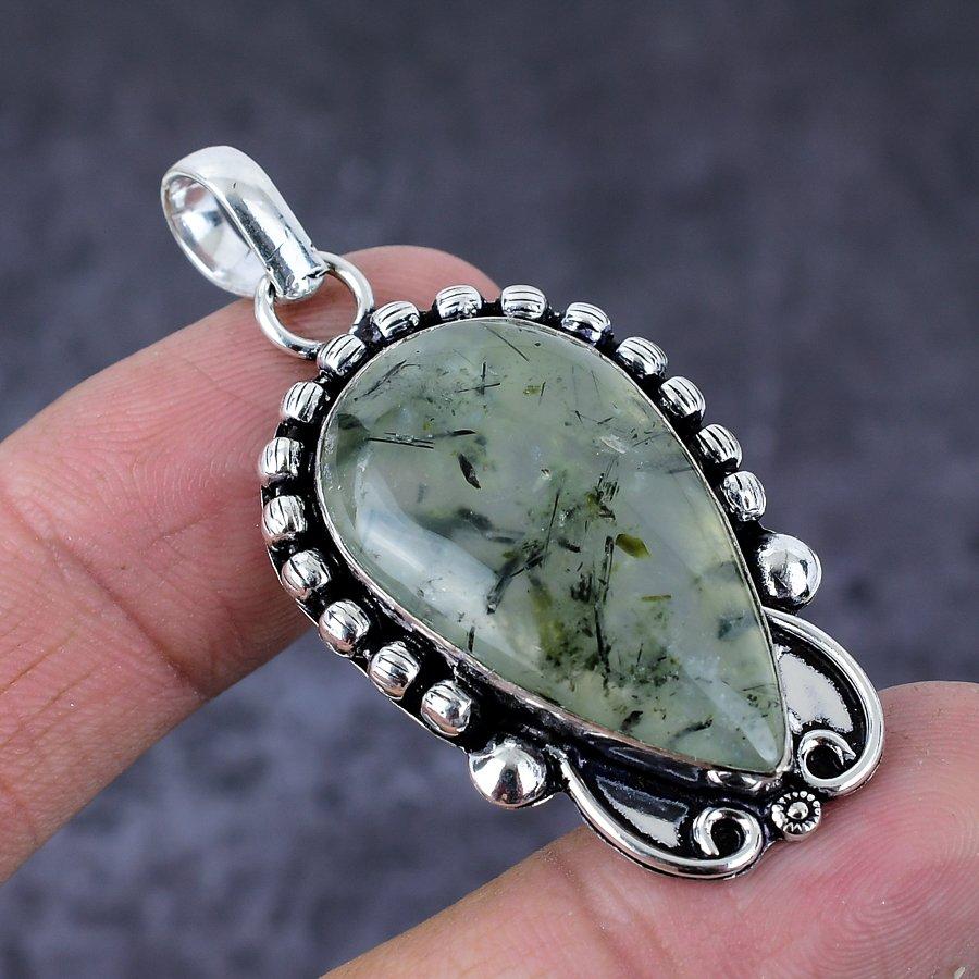 Natural Prehnite Gemstone Handmade 925 Sterling Silver Gift Pendant 2.05" K5e07