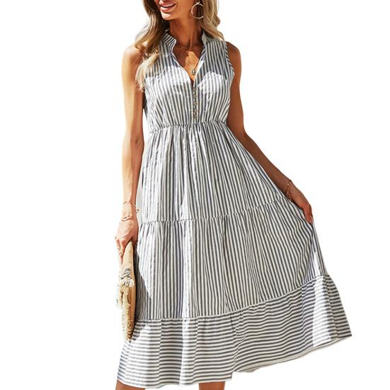 Женское летнее платье в полоску с принтом, эластичной талией, без рукавов, с большой пуговицей, повседневная одежда, контрастный цвет, V-образный вырез
