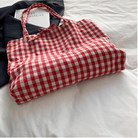 Gingham Tote Bag Canvas Casual Cute Plaid Tote Lightweight Shoulder Bag | Casual, Cute Plaid, Lightweight Shoulder Bag, Large Capacity Beach