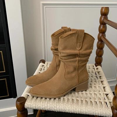 Массивные ботильоны в стиле вестерн, женские замшевые туфли на плиссированном каблуке, зимние ботинки, женские трендовые новые повседневные удобные туфли-лодочки Botas Mujer