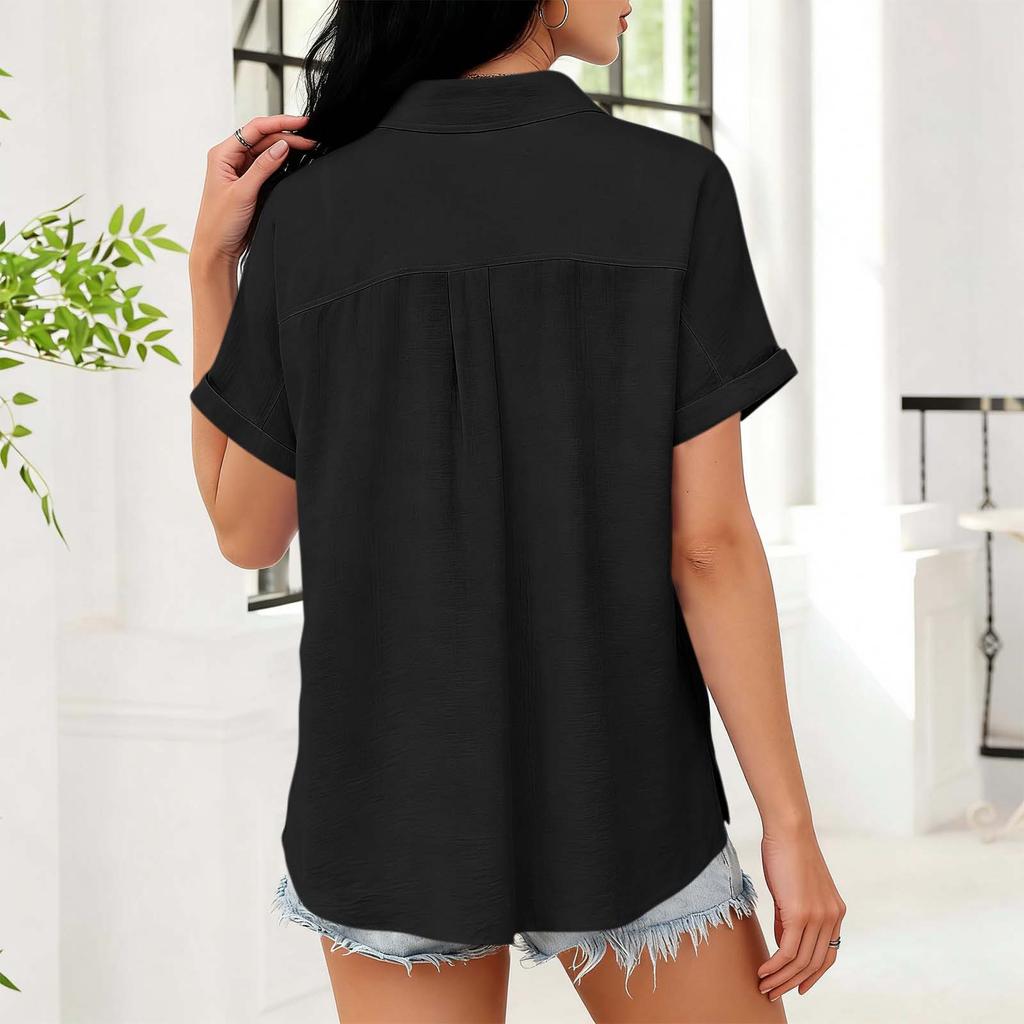 Женская модная рубашка с воротником контрастного цвета, коротким рукавом, карманом на пуговице, повседневная, свободного кроя