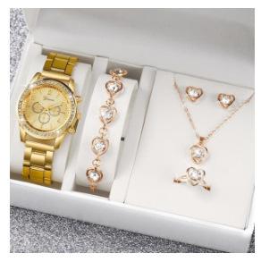 5Pcs/Set Niche Fashion Versatile Steel Belt Watch Stud Earrings Necklace Bracelet Ring Set No Gift Box