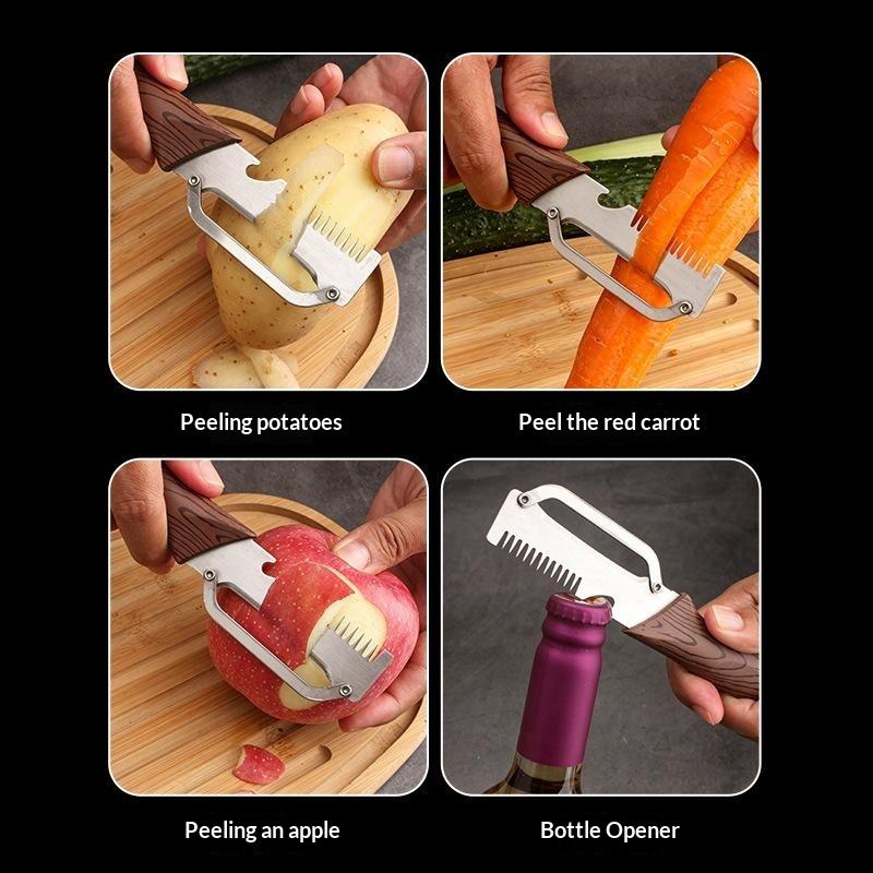 Portable Multifunctional Vegetable Peeler Sharp Stainless Steel Blade Wood Grain Handle for Travel Camping Kitchen Daily Use