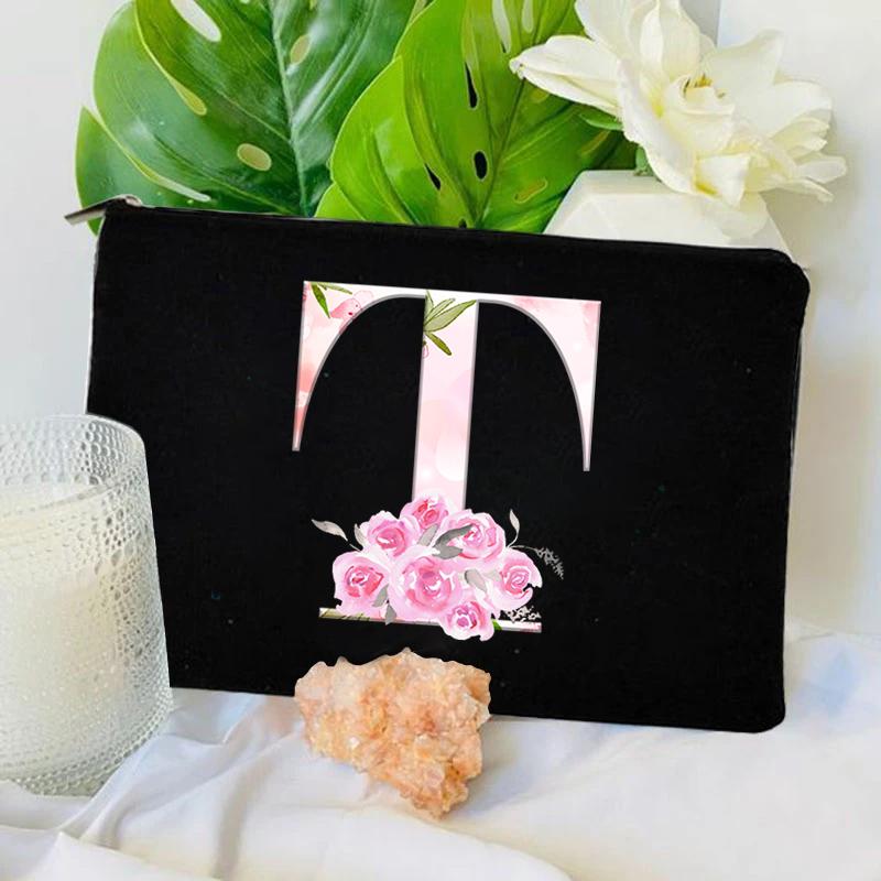 Women Bag Makeup Bag Bridesmaid Makeup Bags Floral Alphabet Print Linen Zipper Pouch Travel Organizer Case Mujer Bolsas Cosmetic