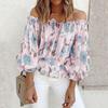 Elastic One-neck Off-the-shoulder Loose Puff Sleeve Printed Chiffon Shirt