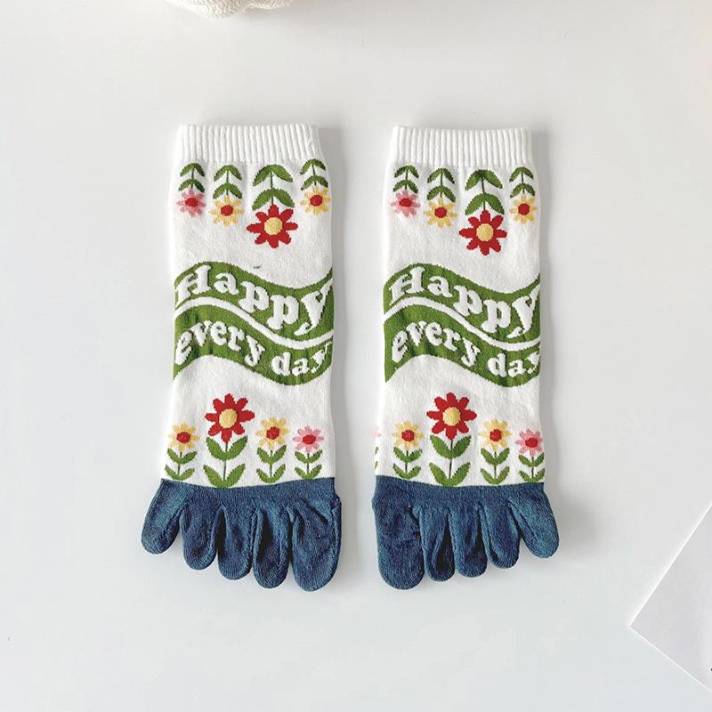 Женские носки с пятью пальцами, Хлопковые носки на весну и лето, Мультяшные и милые, С раздельными пальцами, Дышащие, Потопоглощающие, Носки до середины икры против потливости