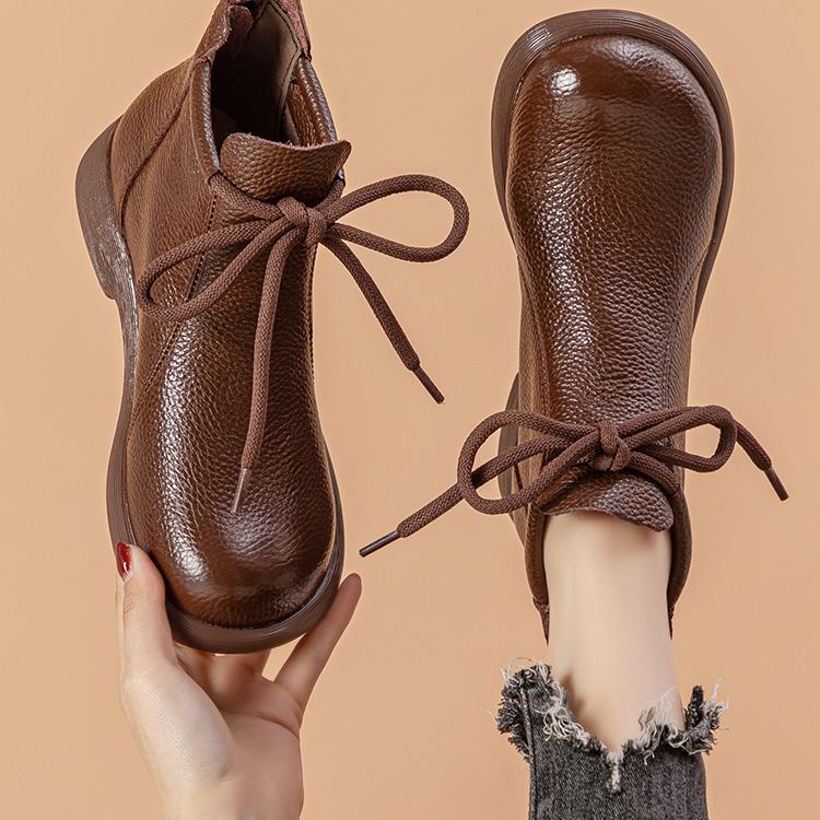 New First-layer Cowhide Martin Boots Women's Shoes Short Boots Warm Soft-soled Mother Shoes Velvet Lace-up Deep Mouth Fashion Casual