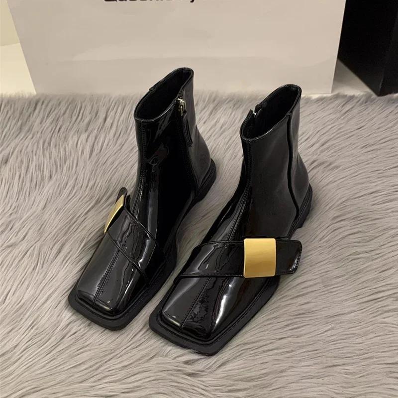 Женские ботильоны с квадратным носком, роскошные кожаные туфли на плоской подошве, женская мода 2024 года, зимняя новая готическая мода, молния, зимние ботинки Chelsea Mujer
