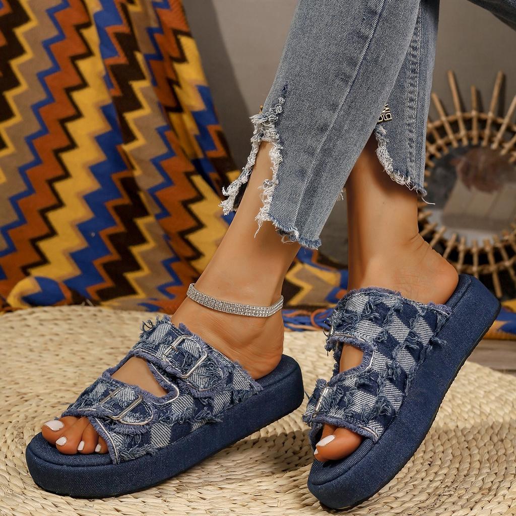 Новые джинсовые двубортные однопедальные тапочки большого размера для женщин, летняя одежда 2025 года, повседневные тапочки на толстой подошве