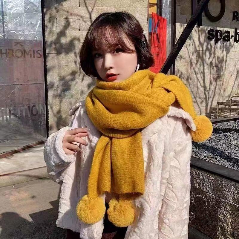 Scarf Winter New Korean Version Baiqiu Winter Solid Color Student White Hanging Ball Knitted Wool Winter Girl Scarf