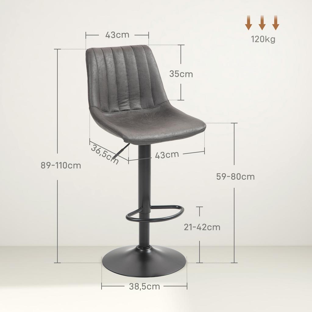 Set of 2 Bar Stools in Retro Design, Incl. Footrest, Height-Adjustable, Gas Lift, Dark Grey