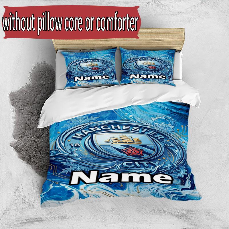 3pcs Duvet Cover Set (1*Duvet Cover + 2*Pillowcase, Without Core), Custom Name Manchester City Pattern Bedding Set, Home Bedroom Decor Gift