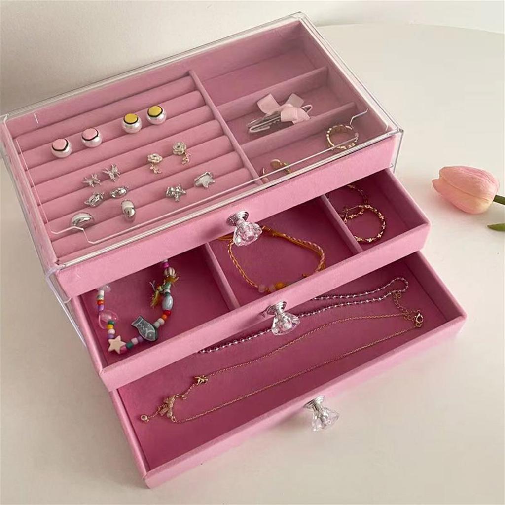 Plastic Velvets Jewelry Organizer 3 Drawers Stackable Display Case for Earrings Necklace Bracelets Accessories Holder