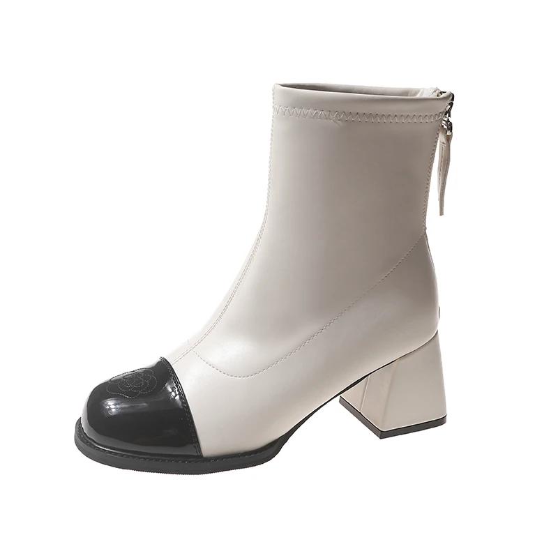 Elegant Modern Boots Women's Shoes 2024 Winter Hot Sale Ankle Women's Boots Sewing Square Toe High Heels Back Zip Shoes Ladies