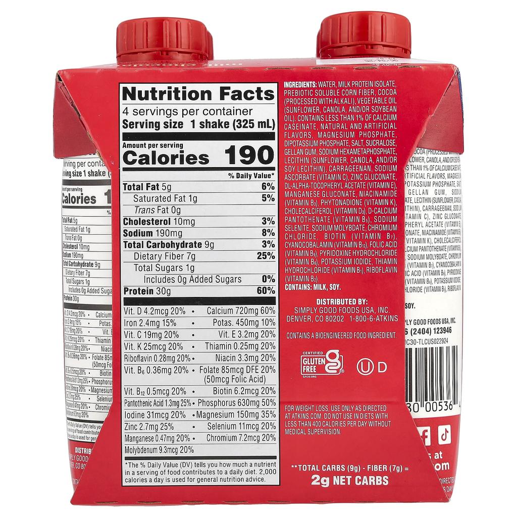 Atkins Strong, High Protein Shake, Milk Chocolate, 4 Shakes, 11 Fl Oz (325 Ml) Each