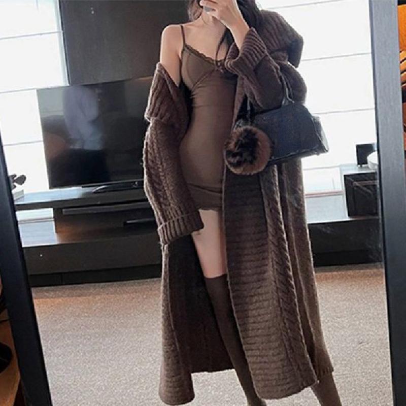 Длинный вязаный кардиган, женский элегантный свободный женский свитер с лацканами и длинными рукавами, пальто 2024, весенняя уличная женская верхняя одежда