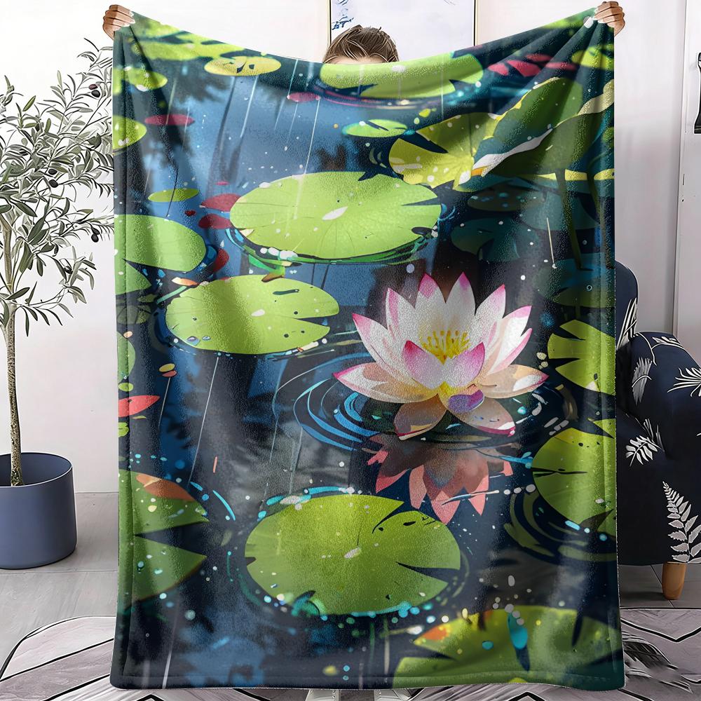 White Lotus Flower Throw Soft Flannel AC Blanket Lightweight Summer Nap Throw Cozy Blanket for Sofa Bed Travel Home