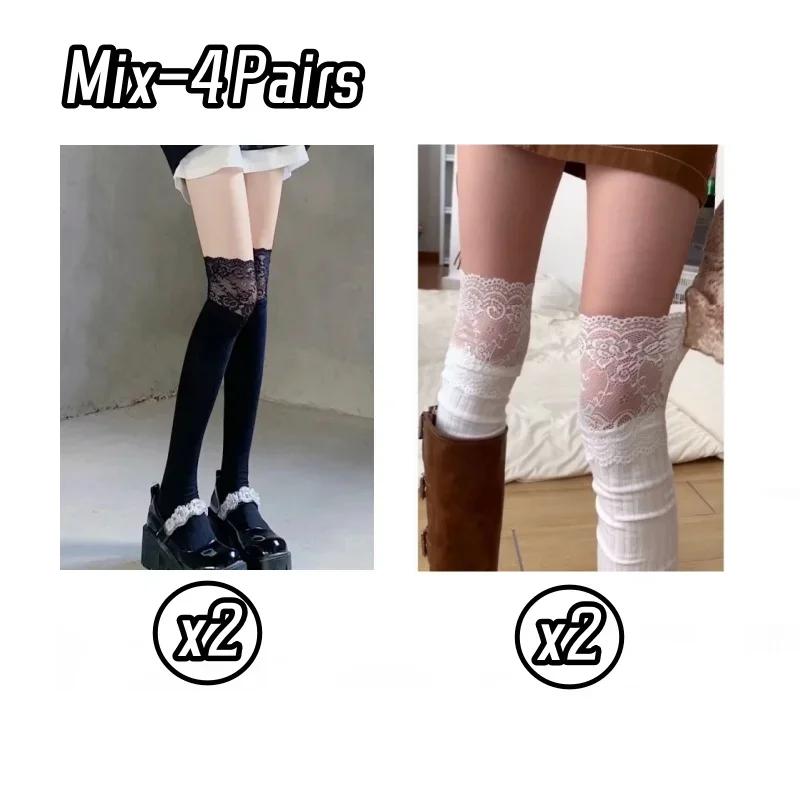 4 пары милых готических кружевных белых черных бантов для девочек Y2k, чулки для косплея, женские сетчатые носки в японском стиле Лолита до колена, длинные носки