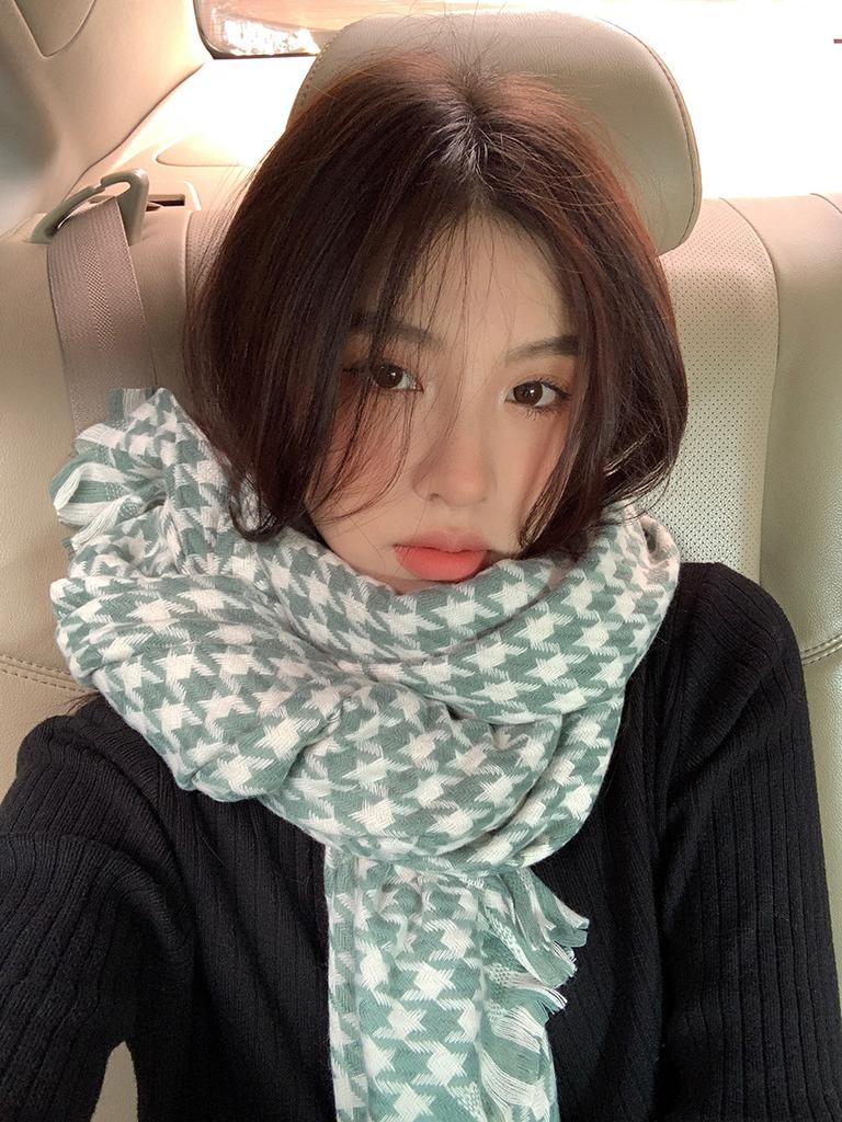 Winter Warm Couple Knitted Plaid Scarf Korean Style Versatile Tassel Contrast Color Houndstooth Scarf for Women