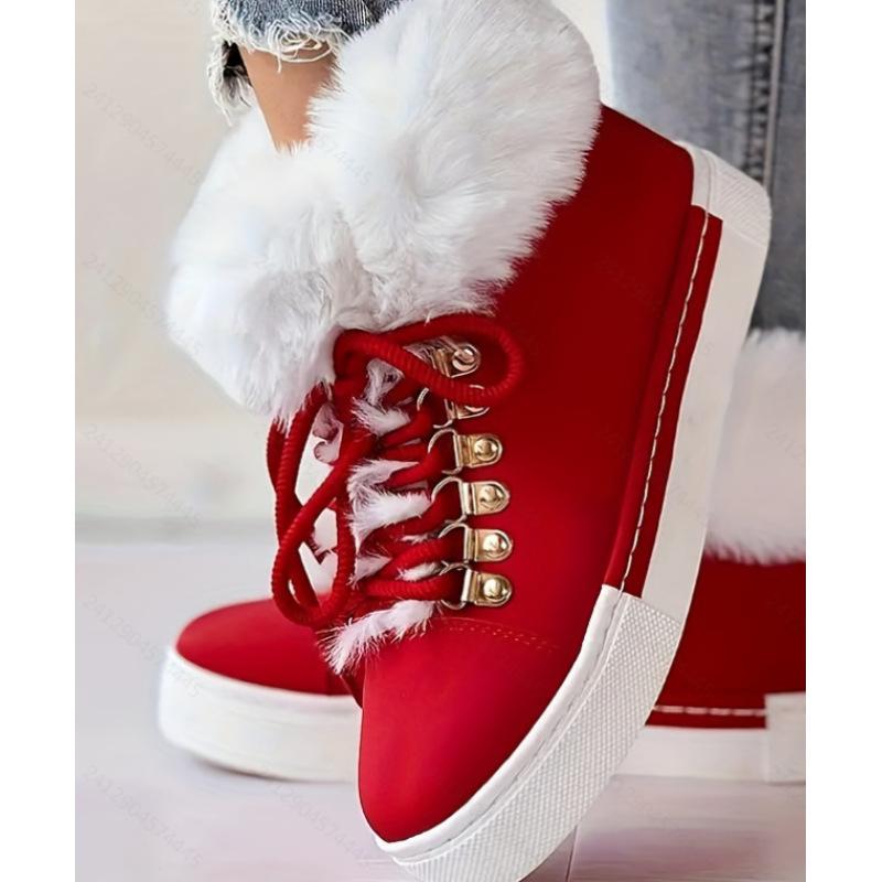 Рождественская мода утолщенные теплые меховые красные сапоги, однотонные теплые кроссовки на плоской подошве со шнуровкой