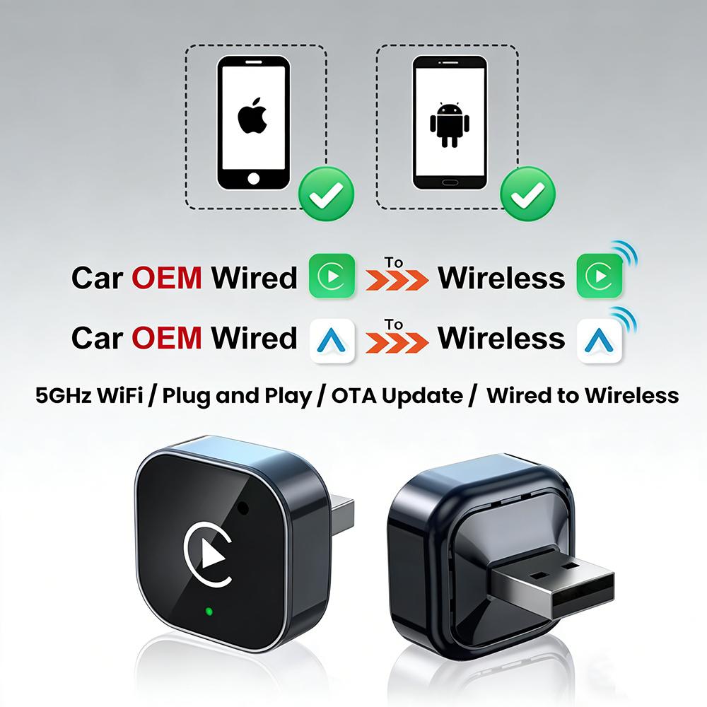 Беспроводной адаптер CarPlay для Apple iPhone и Android, 2-в-1 адаптер, преобразует проводной в беспроводной донгл