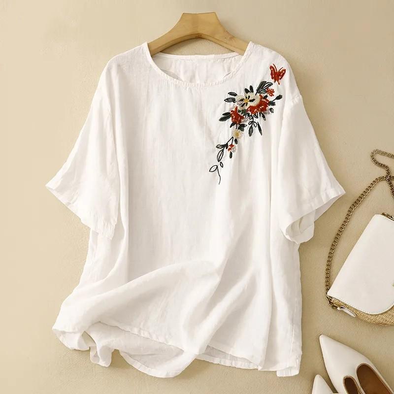 Женская летняя футболка с коротким рукавом и вышивкой в литературном стиле, свободный повседневный пуловер