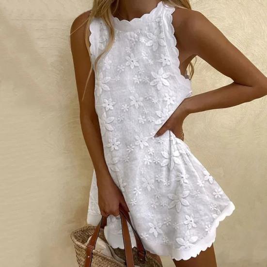Летнее мини-платье с цветочной вышивкой, с открытыми плечами и круглым вырезом, без рукавов, однотонное платье, летнее платье с большим подолом и рюшами