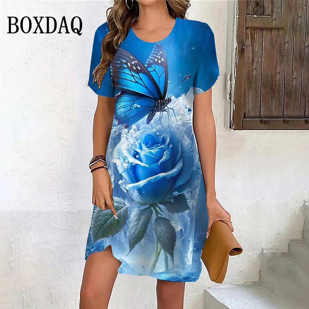 Летнее пляжное вечернее платье для женщин с принтом в виде роз в стиле тай-дай, повседневное платье с коротким рукавом и круглым вырезом, свободная женская одежда